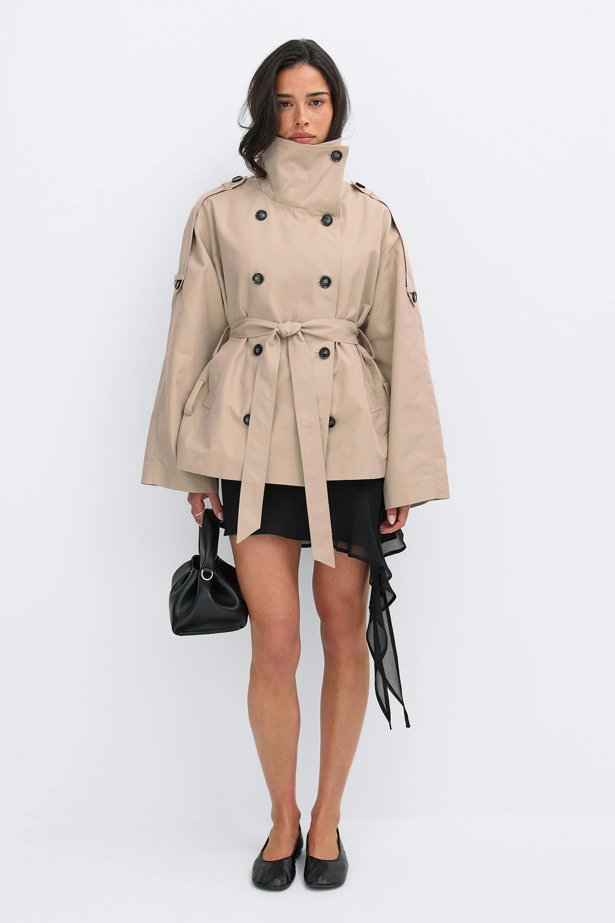 Dropped waist high neck trench