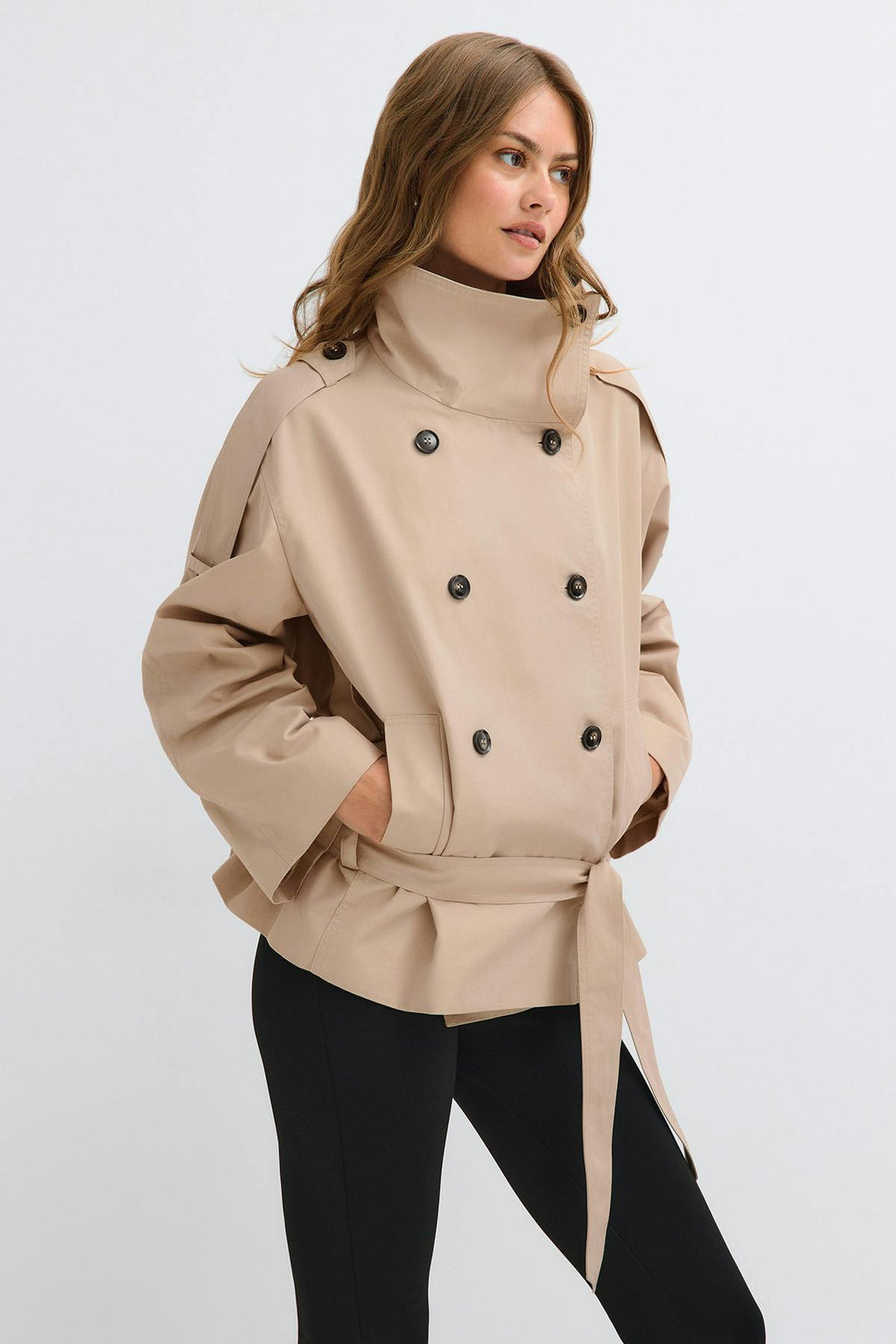 Dropped waist high neck trench