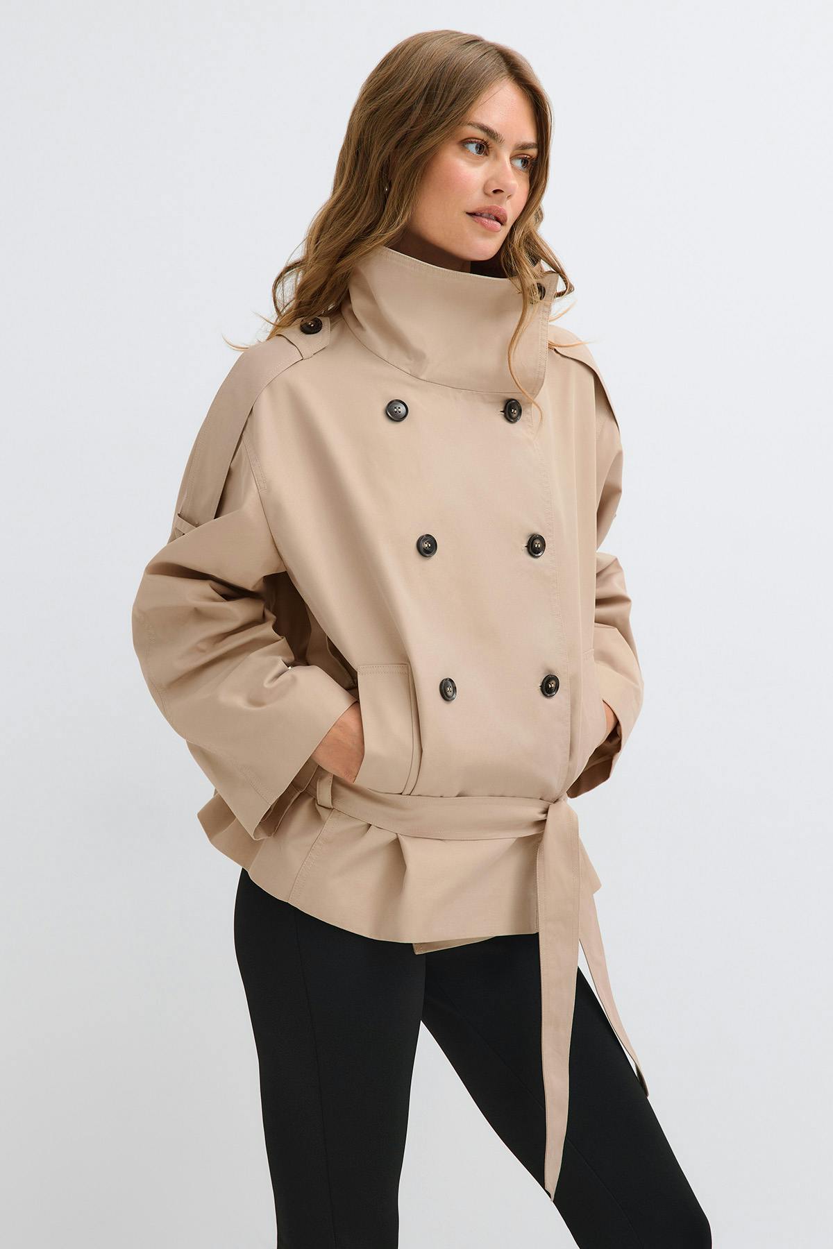 Dropped waist high neck trench