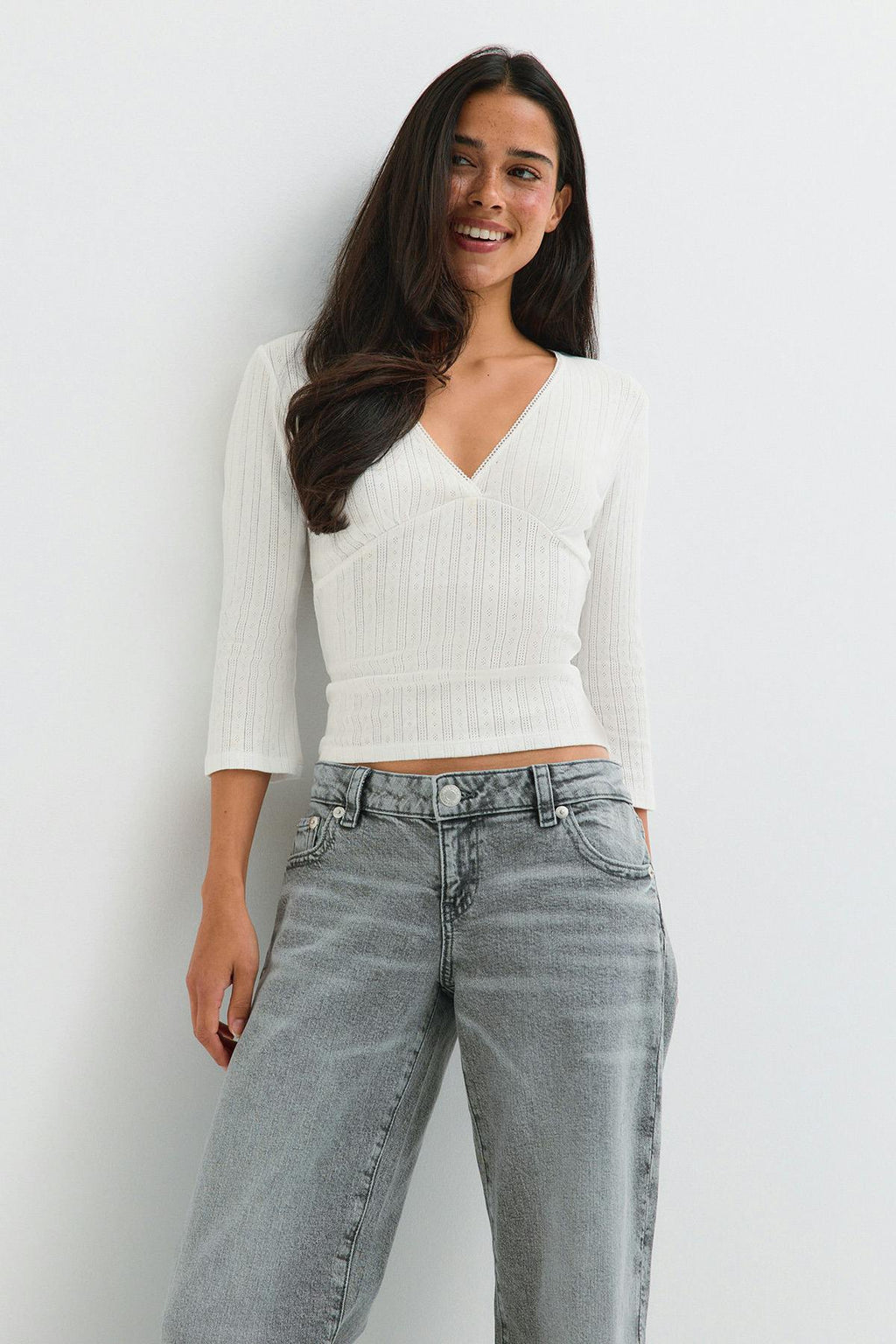 Pointelle quartersleeve top