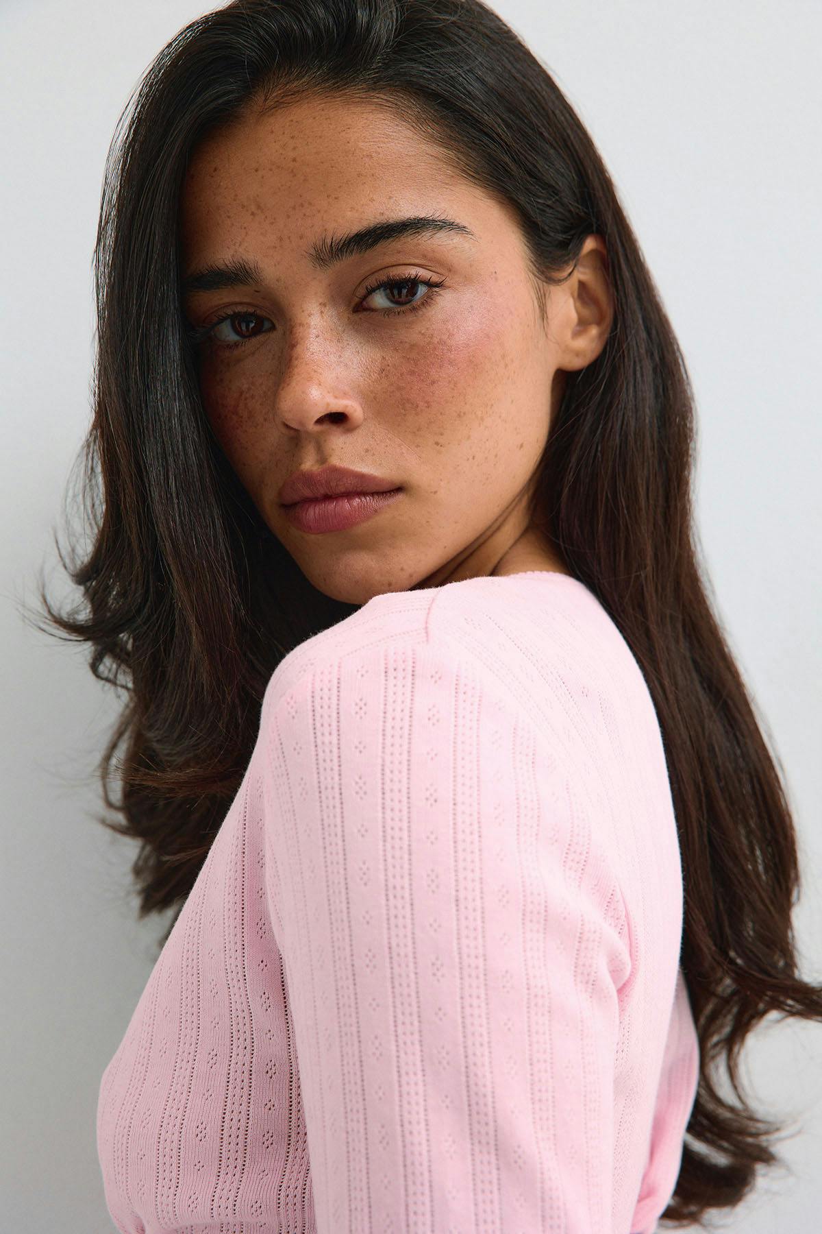 Pointelle quartersleeve top