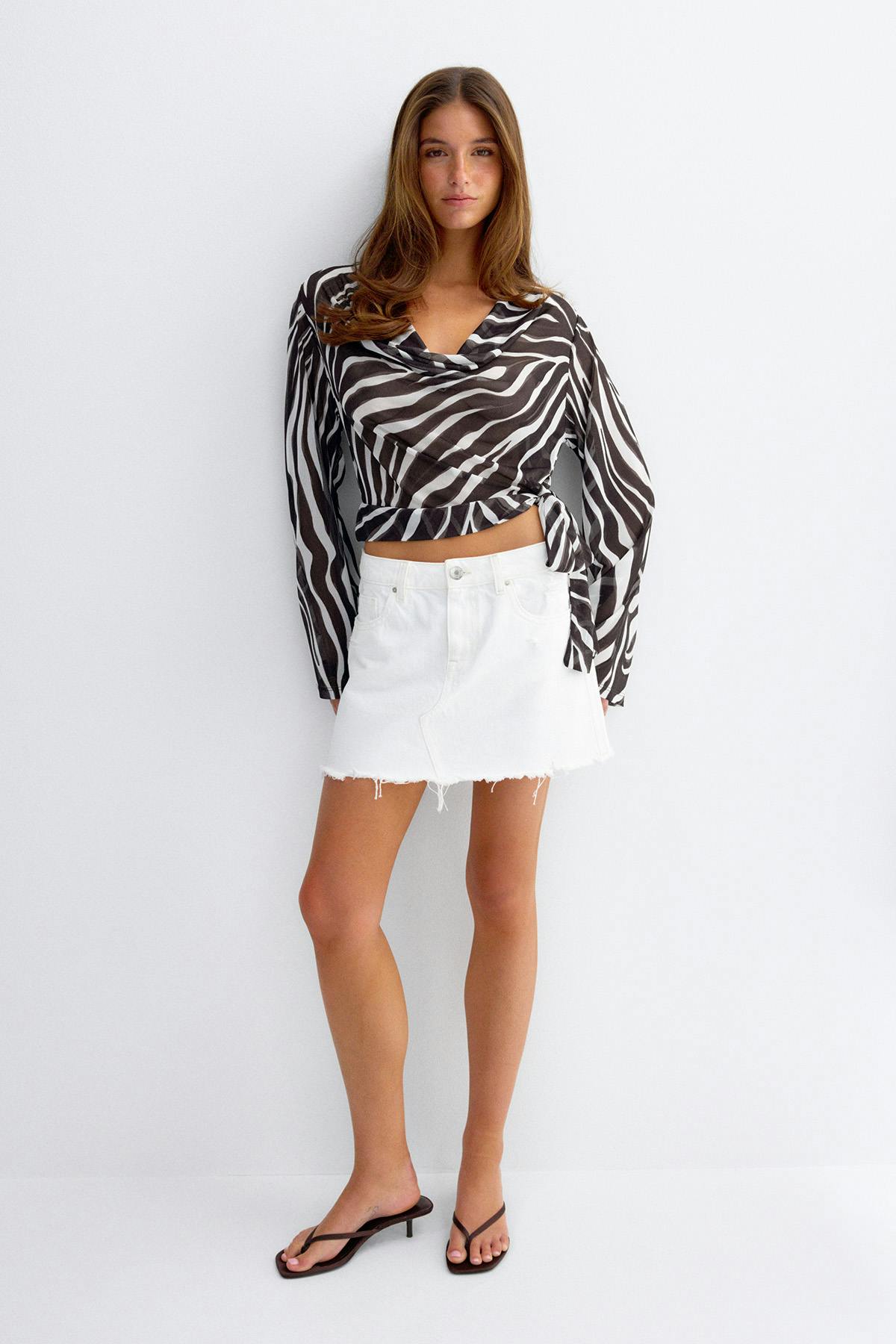 Sheer cowl neck tie top