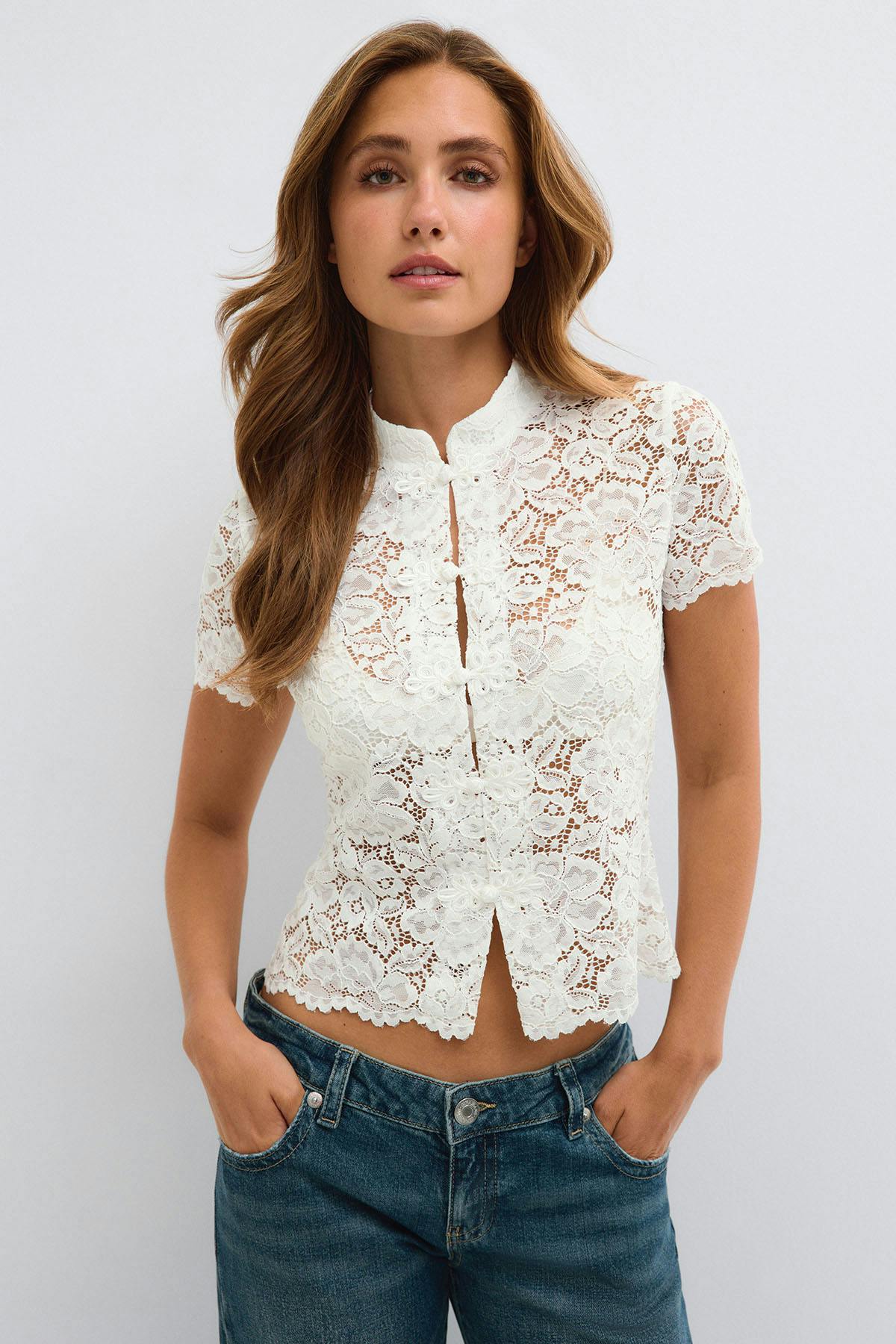 Mandarin collar lace top